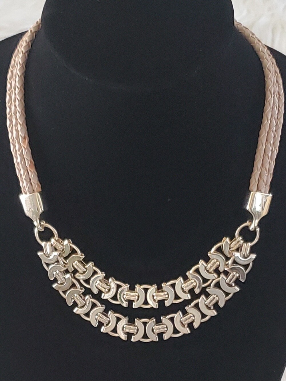 White House Black Market Braided Tan Faux Leather Gold-Tone Statement Necklace